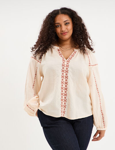 Blouse brod&eacute;e manches longues coton beige femme grande taille