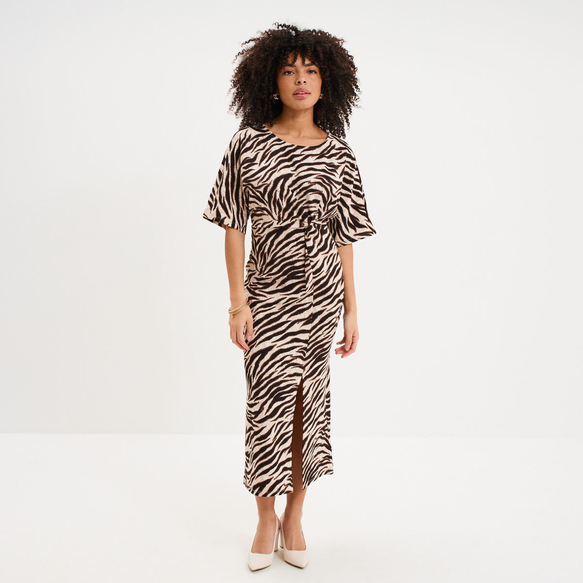 Robe longue fendue manches courtes ecru femme