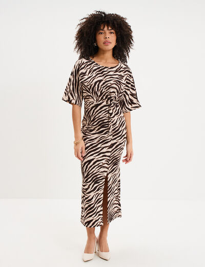Robe longue fendue manches courtes ecru femme
