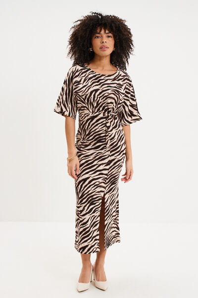 Robe longue fendue manches courtes ecru femme