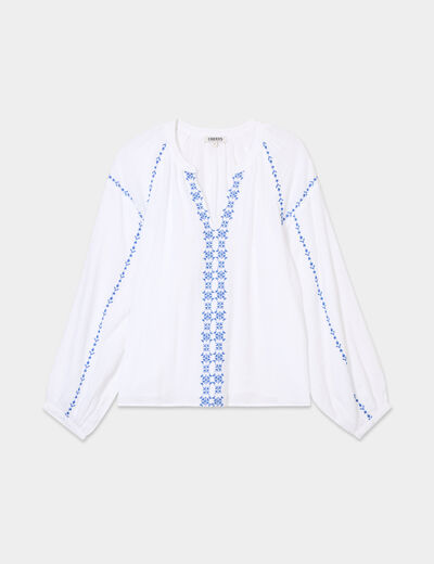 Blouse brod&eacute;e manches longues coton blanc femme