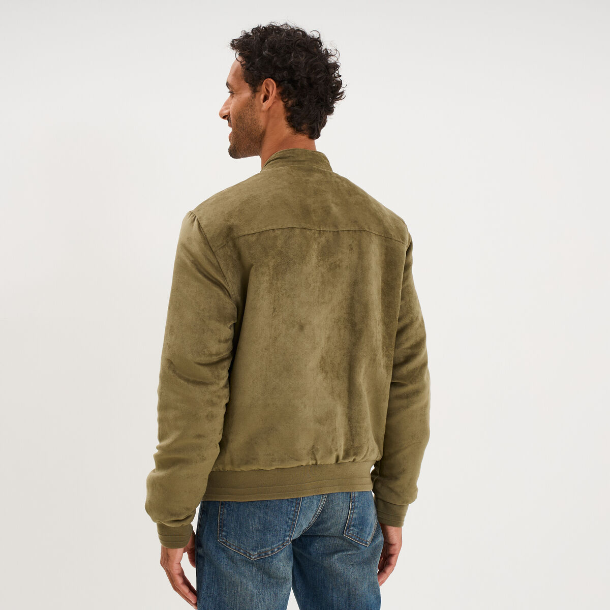 Blouson col biker en su&eacute;dine zipp&eacute; vert kaki homme