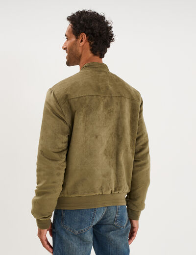 Blouson col biker en su&eacute;dine zipp&eacute; vert kaki homme