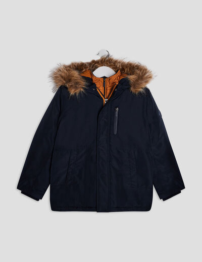 Parka droite doublée à capuche bleu marine garçon
