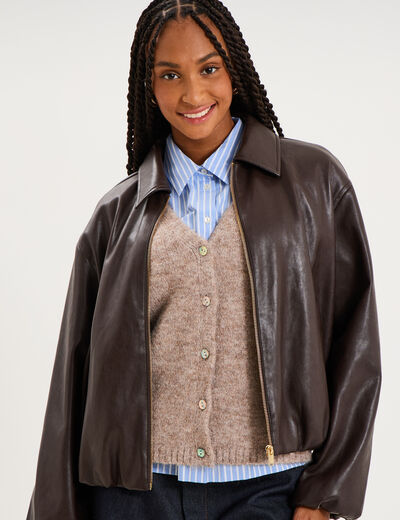 Veste boule oversize similicuir zipp&eacute;e marron fonc&eacute; femme