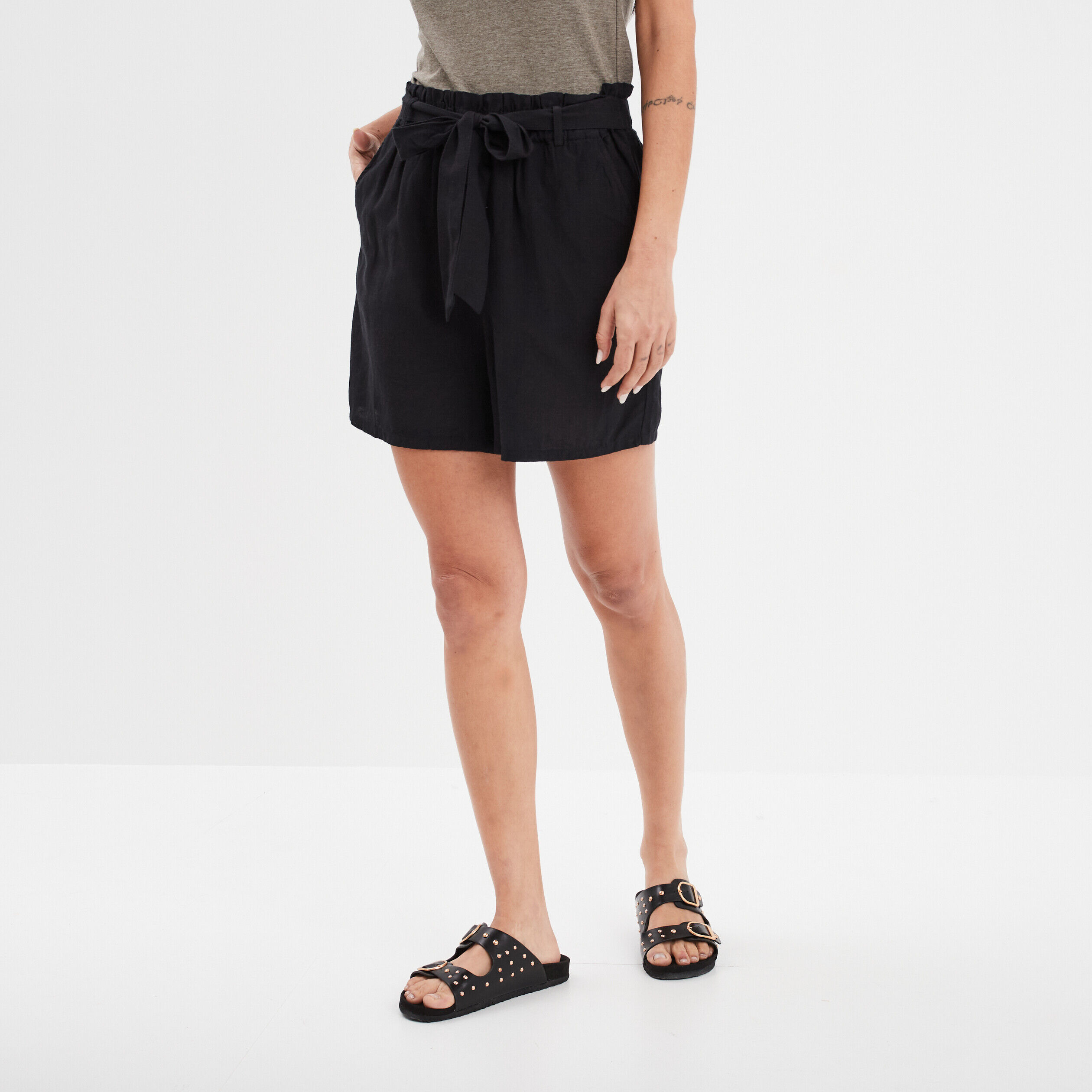 Short paperbag fluide ceinturé noir femme LH