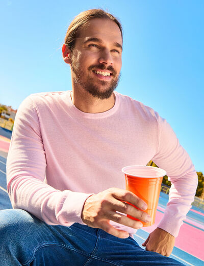 Pull droit col rond coton m&eacute;lang&eacute; rose pastel homme
