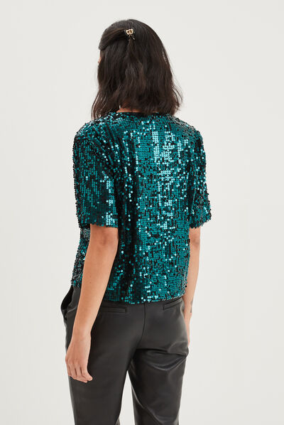 T-shirt à sequins manches courtes droit vert canard femme