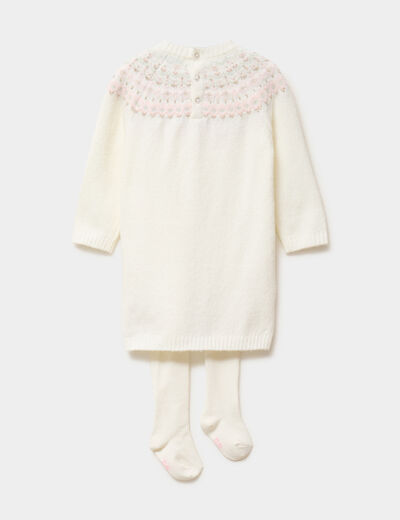 Ensemble robe-pull et collants blanc b&eacute;b&eacute; fille