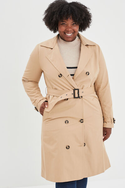 Trench long cintré ceinturé beige femme grande taille