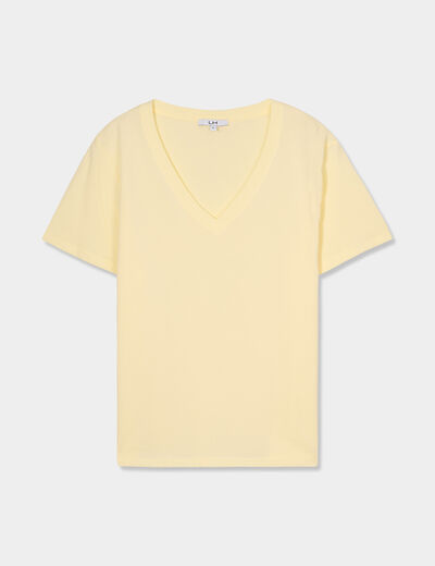 T-shirt manches courtes col en V coton jaune clair femme