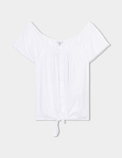 Blouse manches courtes avec noeud blanc femme