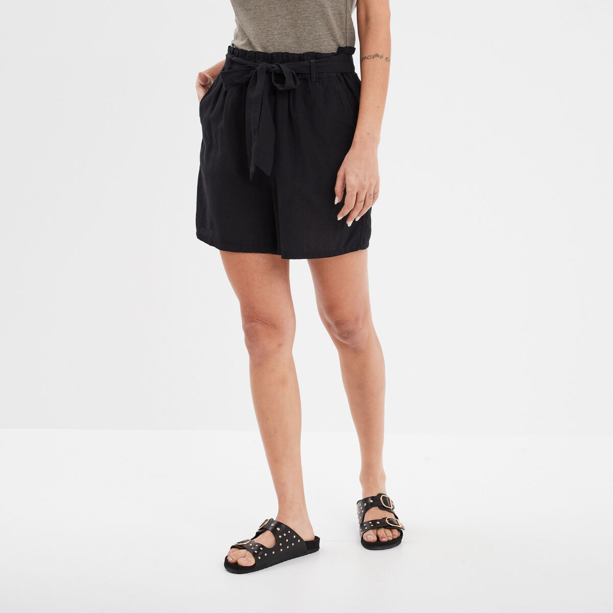 Short paperbag ceintur&eacute; lin m&eacute;lang&eacute; noir femme