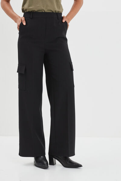 Pantalon large cargo à pinces noir femme
