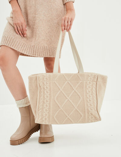 Sac shopper aspect tricoté sable femme