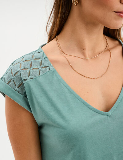 T-shirt dos dentelle col en V bleu gris femme