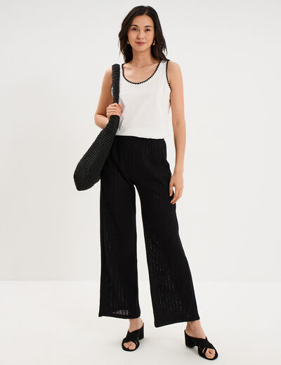 Pantalon large effet crochet &eacute;lastiqu&eacute; noir femme