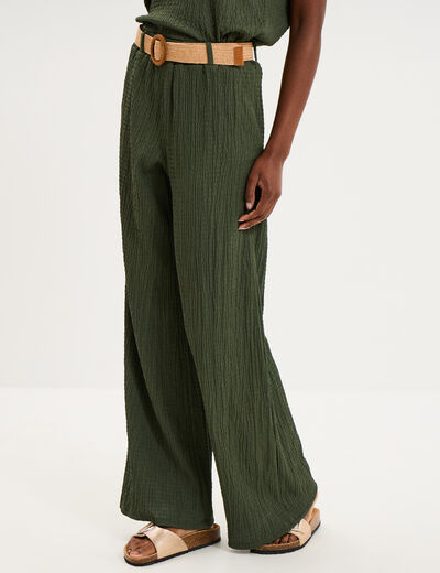 Pantalon fluide large avec ceinture vert kaki femme