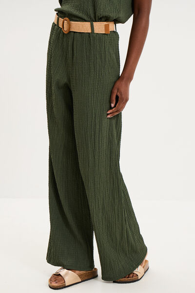 Pantalon fluide large avec ceinture vert kaki femme