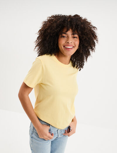 T-shirt col rond manches courtes coton jaune pastel femme