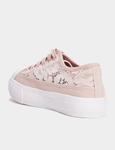 Tennis en toile dentelle &agrave; lacets rose femme
