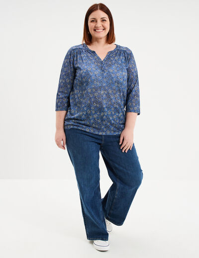T-shirt col tunisien manches 3/4 bleu gris femme grande taille