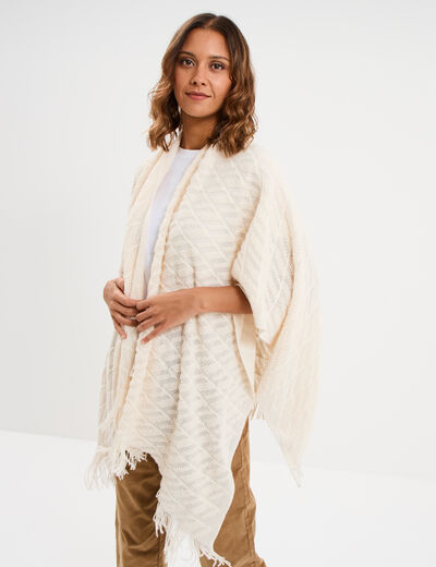 Poncho &agrave; franges ample ivoire femme