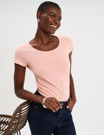 T-shirt coton col rond manches courtes rose poudr&eacute;e femme