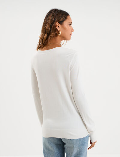 Pull col en V manches longues blanc femme