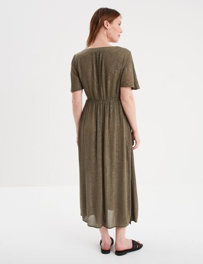 Robe longue empire fils métallisés coton vert kaki femme