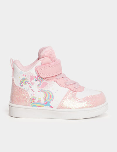 Baskets montantes scratchs et paillettes rose bébé fille