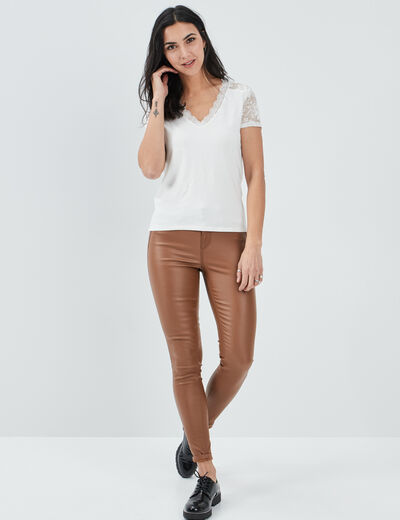 T-shirt détails dentelle dos ouvert ivoire femme