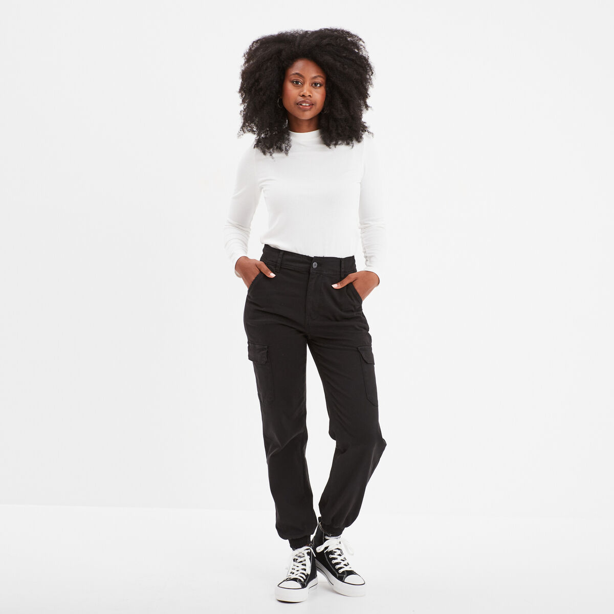 Pantalon cargo taille haute ajustable noir femme
