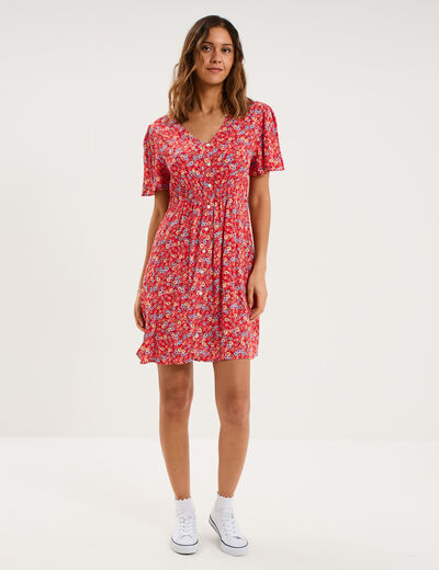 Robe fluide manches courtes col en V rouge coquelicot femme