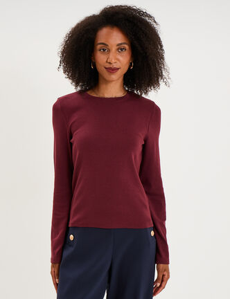 T-shirt manches longues col rond ajust&eacute; violet fonc&eacute; femme