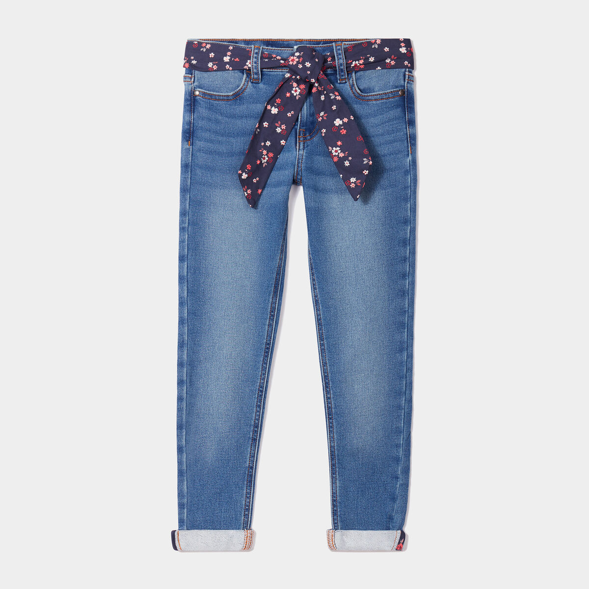 Jeans skinny avec ceinture foulard denim stone fille