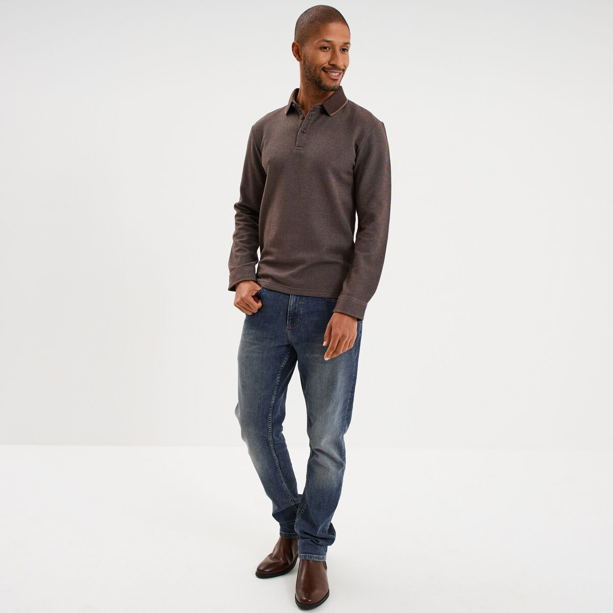 Polo manches longues marron fonc&eacute; homme