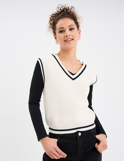 Pull sans manches col en V blanc femme
