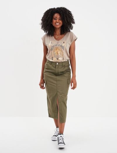 Jupe midi cargo coton Liberto vert kaki femme