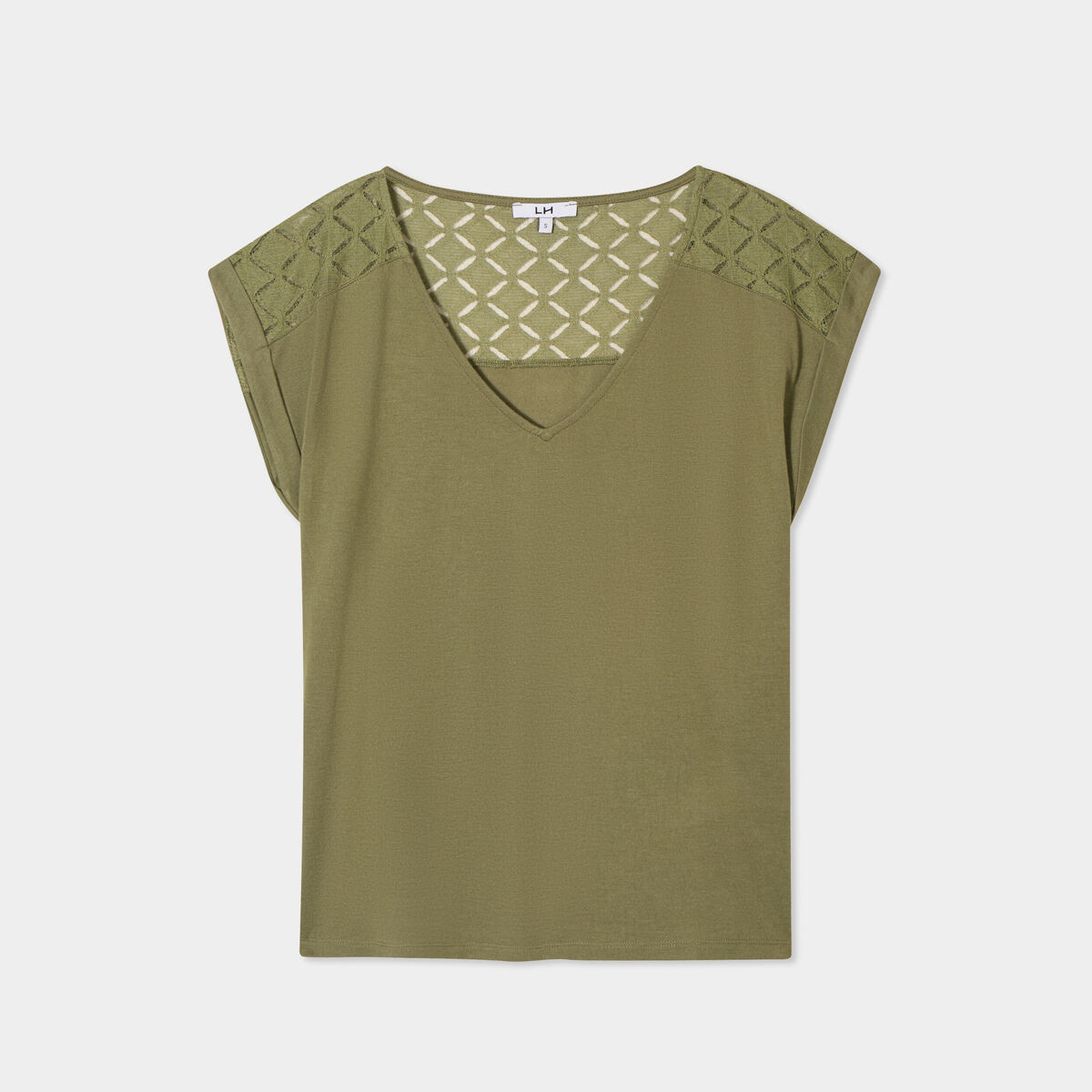 T-shirt col en V dentelle épaules et dos vert kaki femme