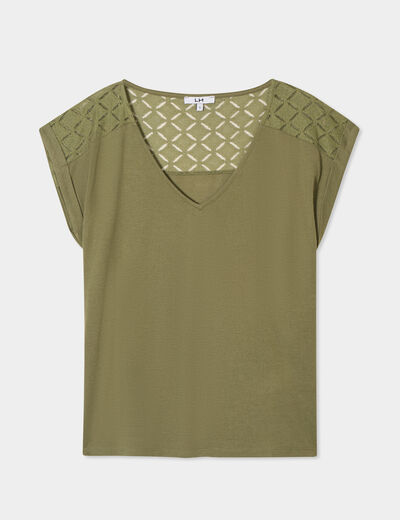 T-shirt col en V dentelle épaules et dos vert kaki femme