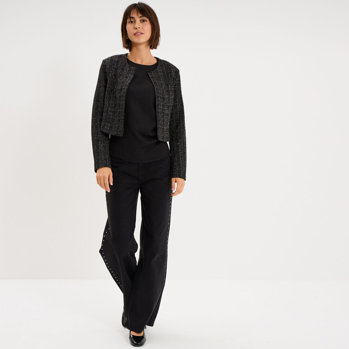 Veste bol&eacute;ro tweed manches longues noir femme