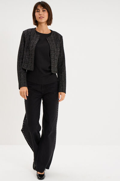 Veste bol&eacute;ro tweed manches longues noir femme
