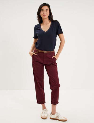 T-shirt col en V manches courtes bleu fonc&eacute; femme