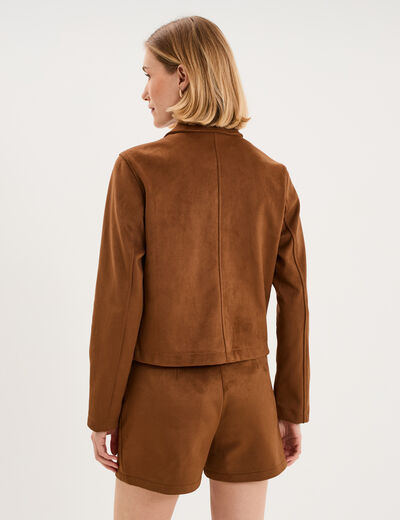 Veste paletot en su&eacute;dine boutonn&eacute;e camel femme