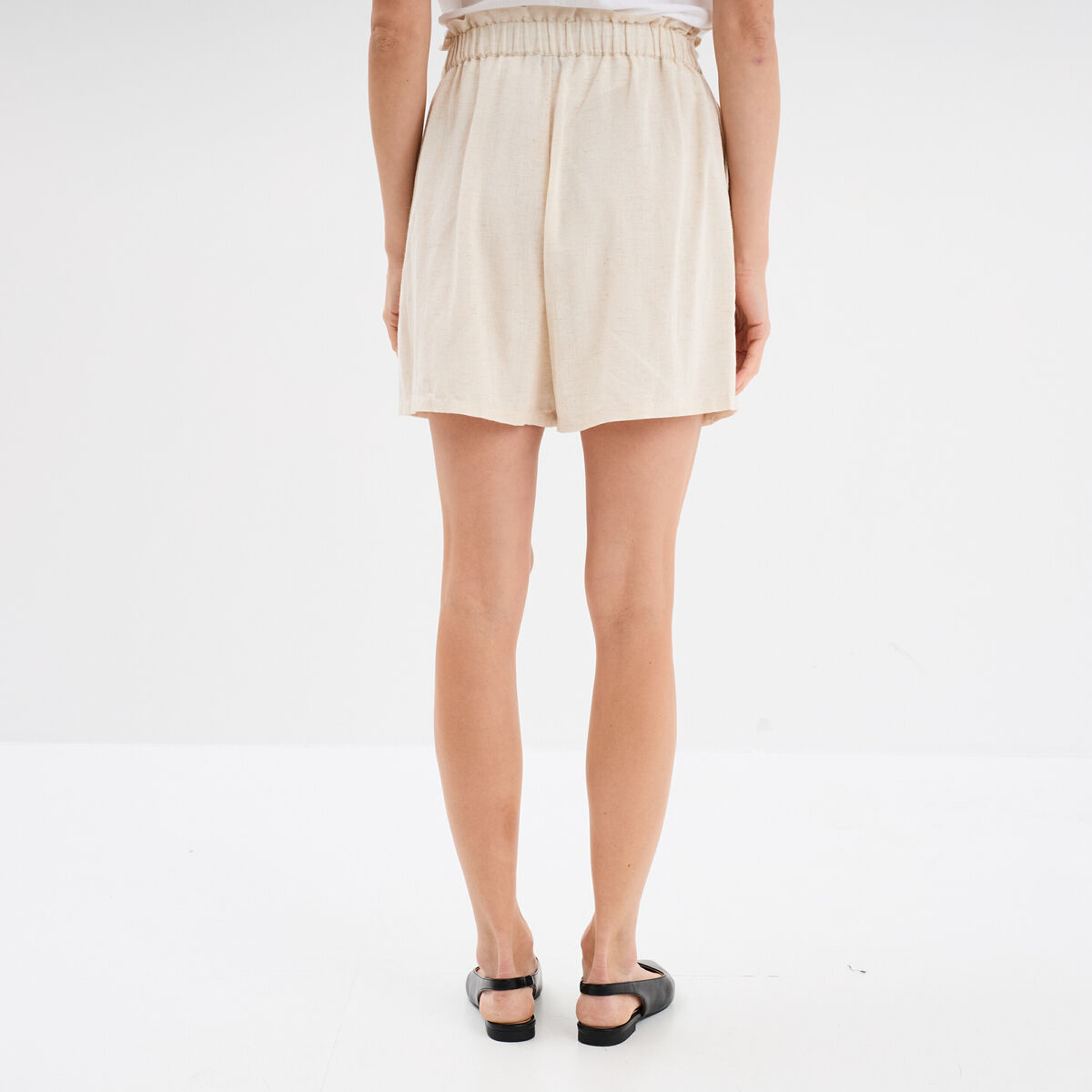 Short paperbag ceintur&eacute; lin m&eacute;lang&eacute; beige femme
