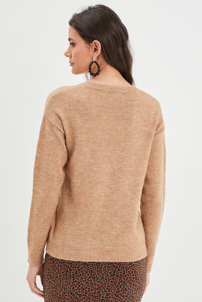 Pull col rond manches longues marron clair femme