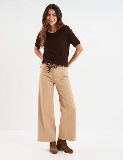 Pull manches courtes col rond marron foncé femme