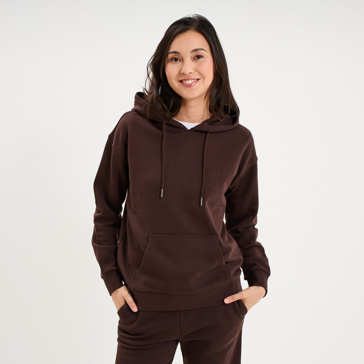 Sweat hoodie 1 poche &agrave; capuche marron fonc&eacute; femme