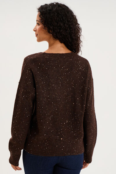 Pull droit &agrave; sequins et col en V marron fonc&eacute; femme